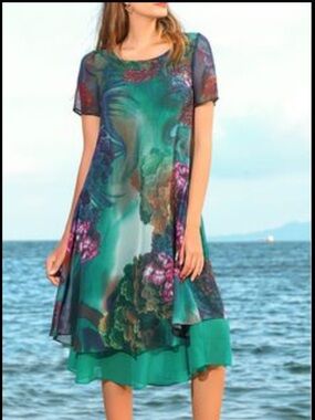 Floryday Floral Chiffon Dress with Short Sleeves Large Art to Wear